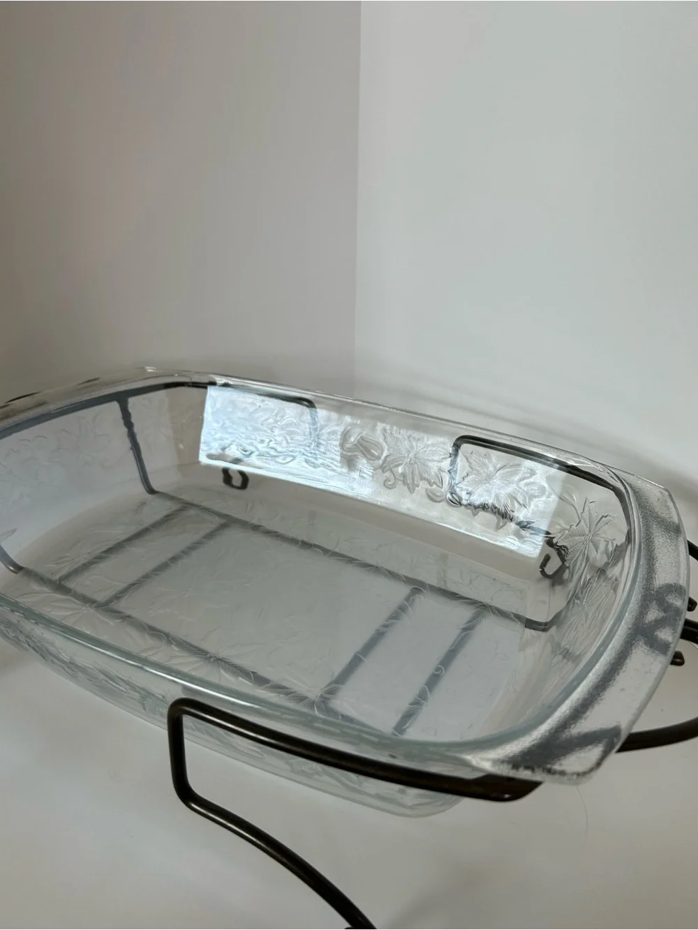 Princess House Large Clear Floral Glass Baking Dish with Black Metal Stand